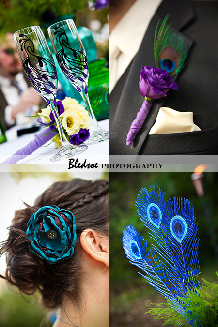 "Wedding details: Peacock champagne flutes, peacock boutonniere, peacock centerpiece"