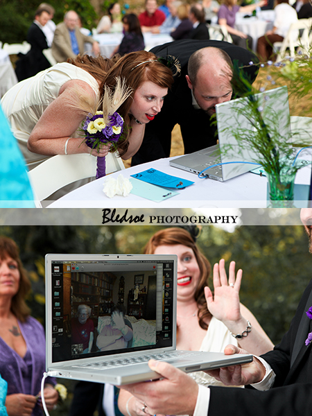 "Bride and groom using Skype during their wedding"