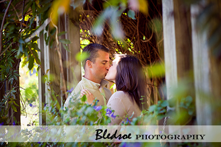 "Amy and Scott kiss under the arbor at UT Gardens"